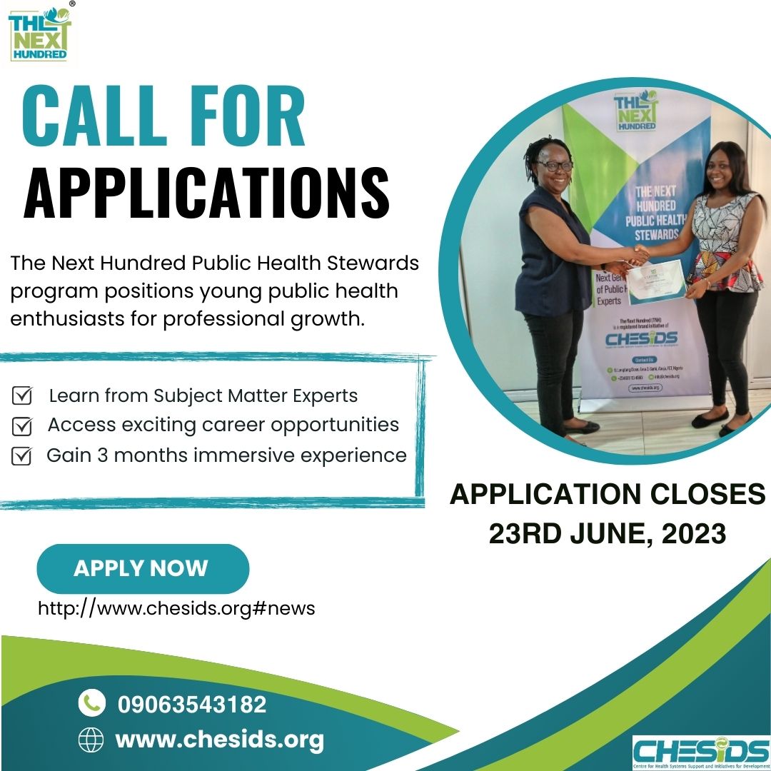Good news!
The deadline has been extended to 23rd June, 2023🎉

We are receiving applications for 'The Next Hundred Public Health Stewards Program'

Want to read more about it or apply? Click the link on our bio!🤗

Don't forget to Retweet!🤗

#publichealth #opportunities #share