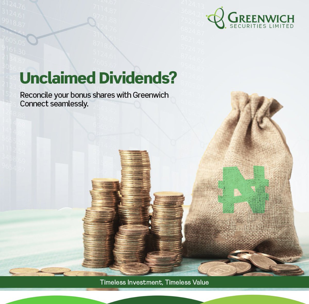 With Greenwich Connect, you can seamlessly move all your outstanding share certificates into your CSCS account.  

For more information, please call 01-6370000 or email customermandates@greenwichbankgroup.com.  

#GreenwichConnect #FinancialSolution