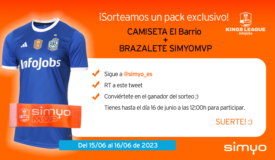 simyo_es's tweet photo. ¡Y OTRO SORTEO!  😉
Llévate el pack exclusivo de la Kings League Infojobs con  camiseta de El Barrio + brazalete simyoMVP 🎁
- Haz RT
- Sigue a @simyo_es
- ¡A ganar el sorteo!✌️
#simyoElBarrio
Participa hasta el 16/06 a las 12:00h. Bases: https://t.co/JomNIjqxpL https://t.co/bmXmEVpAEc