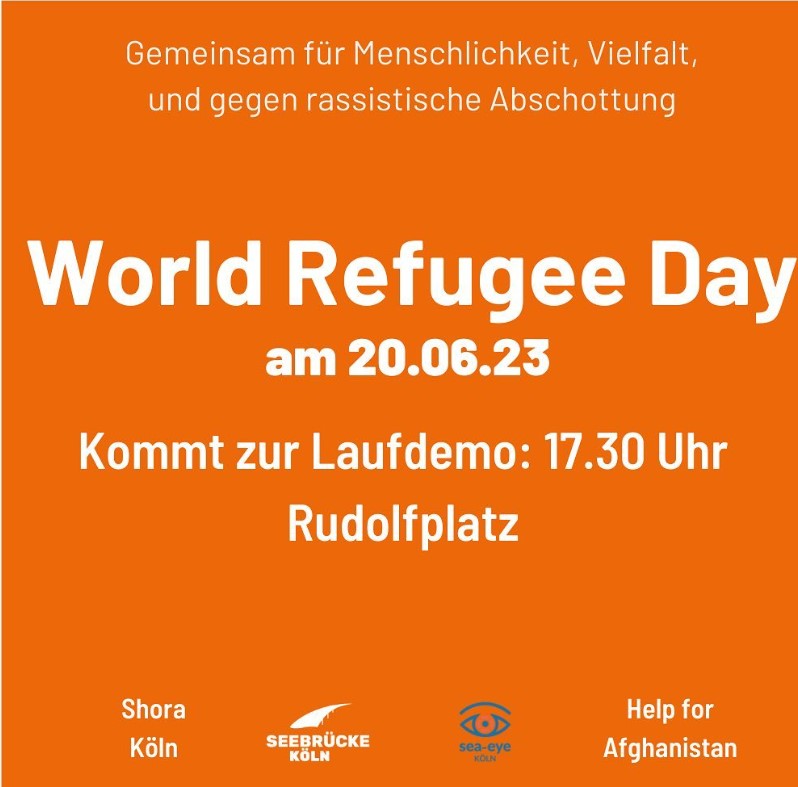 Am 20. Juni ist World Refugee Day. Deshalb möchten wir unter dem Motto 'Gemeinsam für Menschlichkeit und Vielfalt und gegen rassistische Abschottung' mit euch auf die Straße gehen. @SeebrueckeK 
#Köln 17.30 Rudolfplatz
#geas #keinasylkompromiss
More Info: instagram.com/p/CtfUoRTooIv/