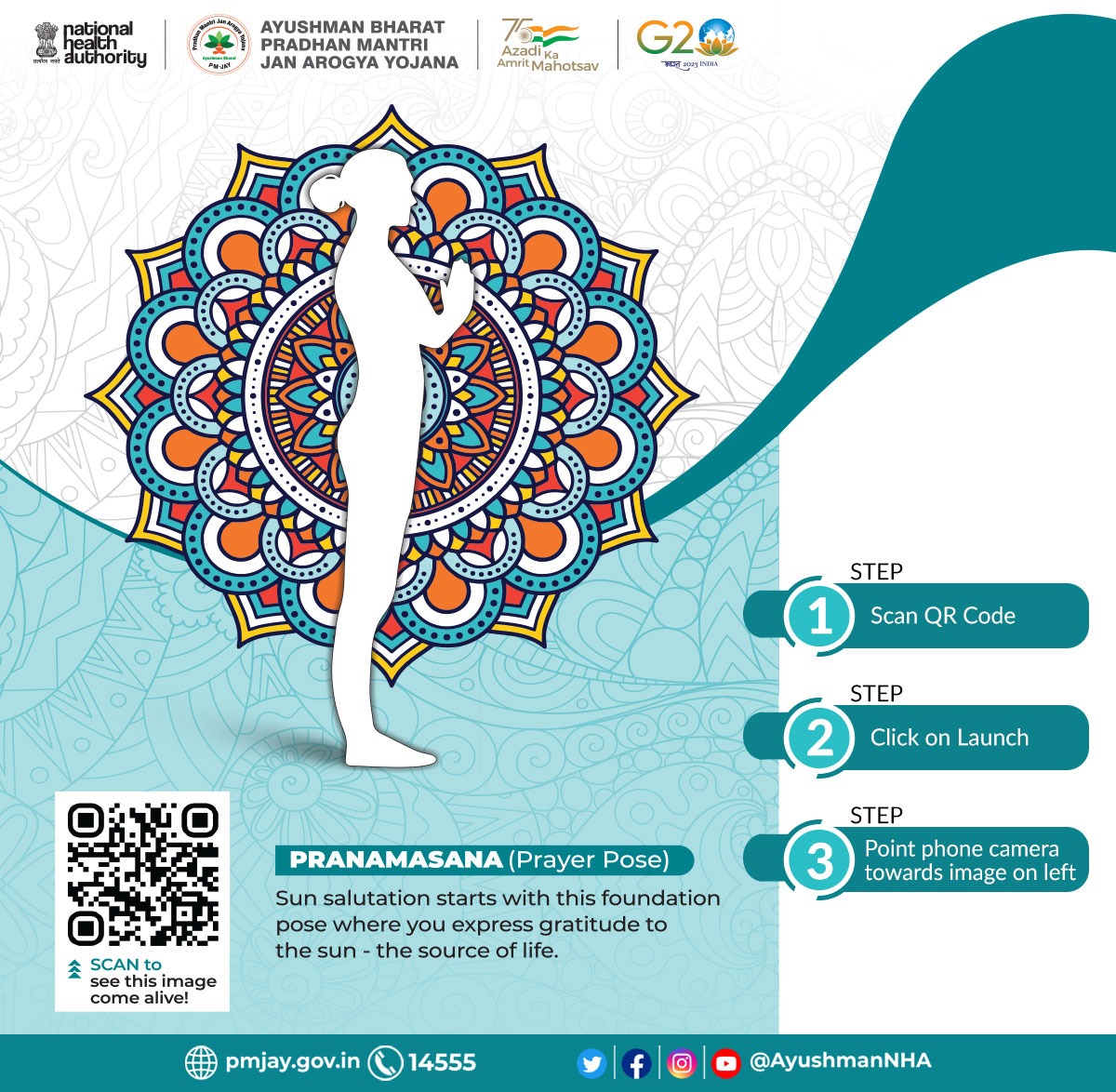 National Health Authority (NHA) (@ayushmannha) on Twitter photo #Suryanamaskar starts with #Pranamasana, where you express gratitude to the sun.
To experience this asana via a unique #AugmentedReality follow:
1. Scan QR Code
2. Click on Launch
3. Point camera towards the image
#yoga #internationalyogaday2023 #idy2023 #ayushmanbhav
<a href="/moayush/">Ministry of Ayush</a> #Suryanamaskar starts with #Pranamasana, where you express gratitude to the sun.
To experience this asana via a unique #AugmentedReality follow:
1. Scan QR Code
2. Click on Launch
3. Point camera towards the image
#yoga #internationalyogaday2023 #idy2023 #ayushmanbhav
<a href="/moayush/">Ministry of Ayush</a>