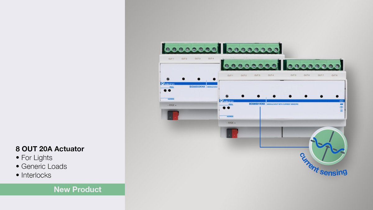 EelectronSpA's tweet photo. New #actuators with 8 relays output 20A – 230 V AC for controlling lights or generic loads
Main characteristics:
• 20A relays
• Current sensing feature
• Counter function
• 8 logic blocks
• Removable front panel for manual override
▶️ https://t.co/Lrn8JUAZbP
#knx https://t.co/3IEWpBMLHn