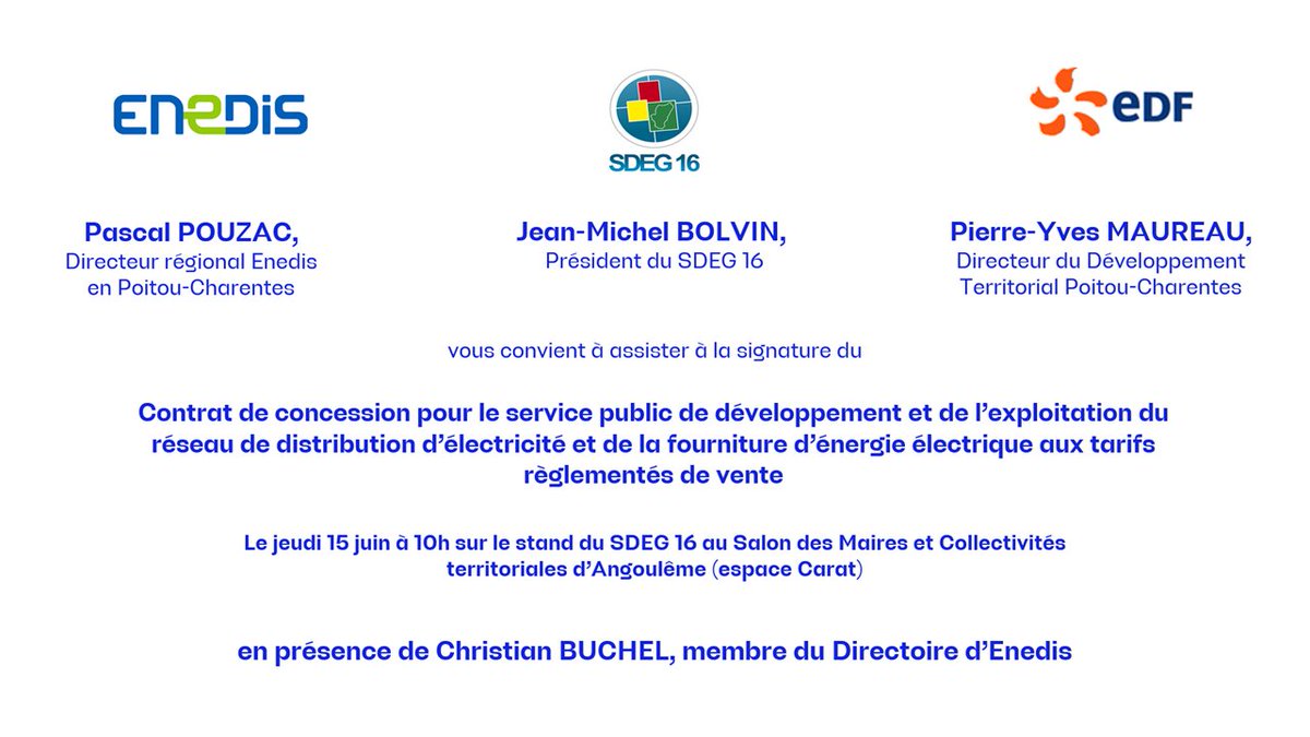 SalonAchatP's tweet photo. Dans 30 mn, rdv sur le stand n°71 &amp; 72 pour la signature du contrat concession entre le SDEG 16 et Enedis. 
#electricite #charente #partenaire #enedis #sdeg16 https://t.co/33ZCUJS9ZF