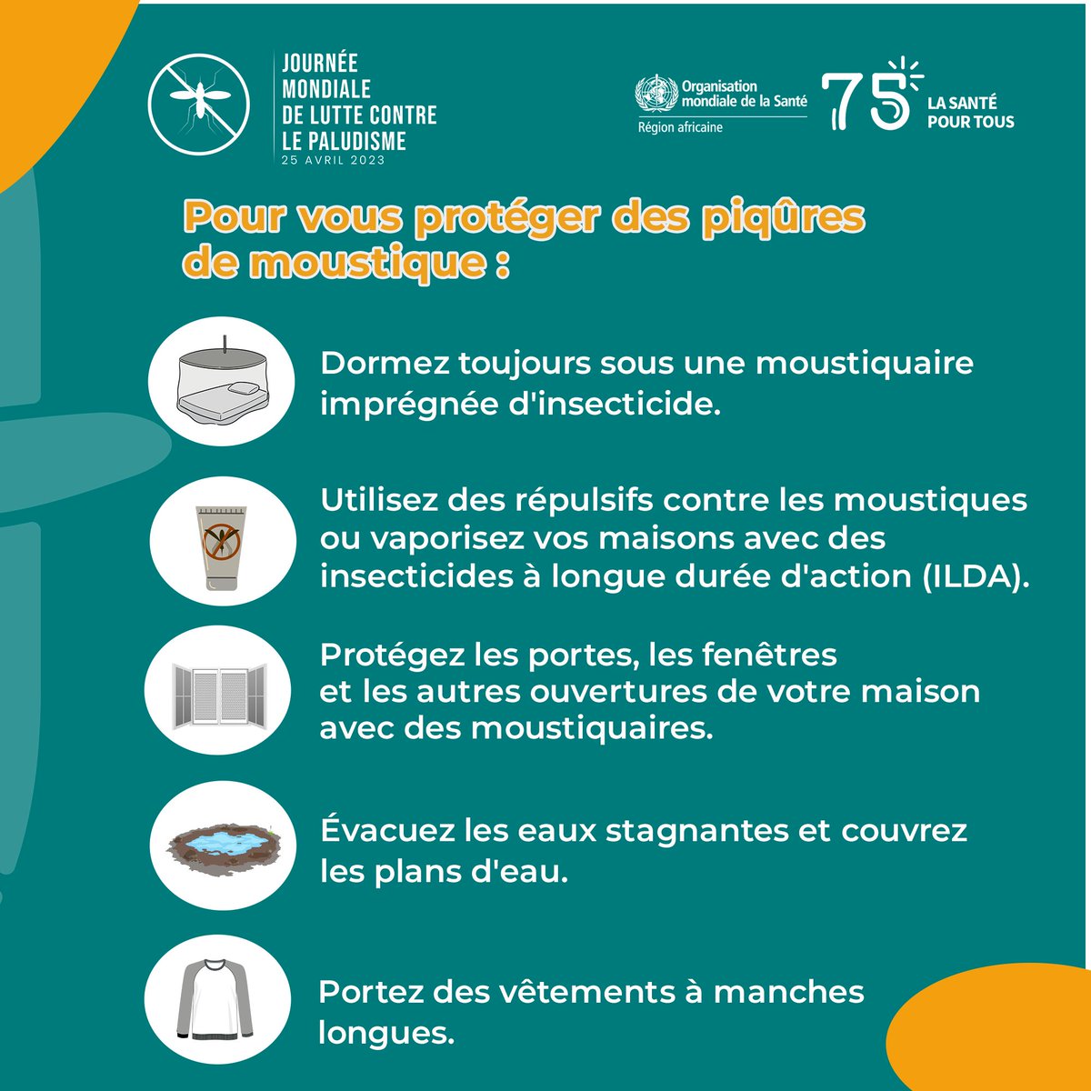 OMS_Afrique's tweet photo. 🚫🦟 Le paludisme reste une menace pour la santé publique en #Afrique 🌍, rendant malade et tuant des millions de personnes chaque année.

Contre le #paludisme, la prévention est clé.
Protégeons-nous en adoptant ces mesures clés. 👇🏿 https://t.co/PNLUUslm9G