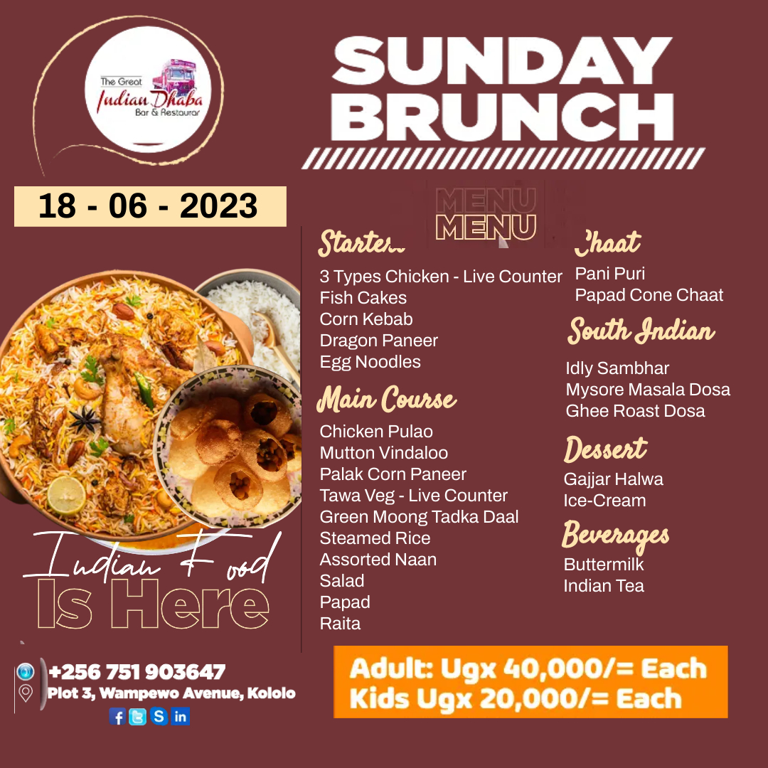 Come and join us for brunch this Sunday! We have plenty of dishes on our menu and  amazing drinks selection.

For reservations Call +256751903647 and find us at Plot 3, Wampewo Avenue, Kololo Kampala.