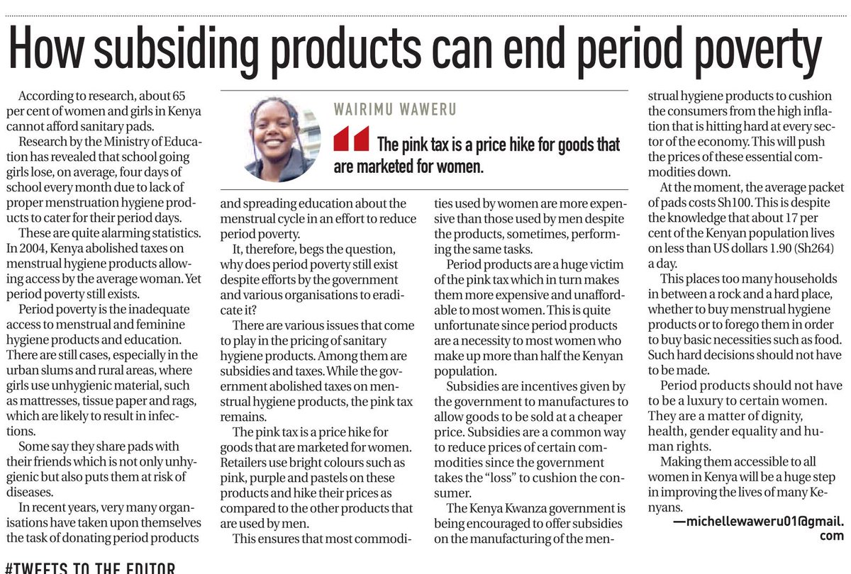 aKenyanpen's tweet photo. Today on the @PeopleDailyKe paper on the issue of period poverty by yours truly truly 
A pertinent topic. I thank leaders such as @gloria_orwoba @methumuhia among others for pushing this agenda continuously. 
#endperiodpoverty
#endperiodshame https://t.co/519BczvO0K