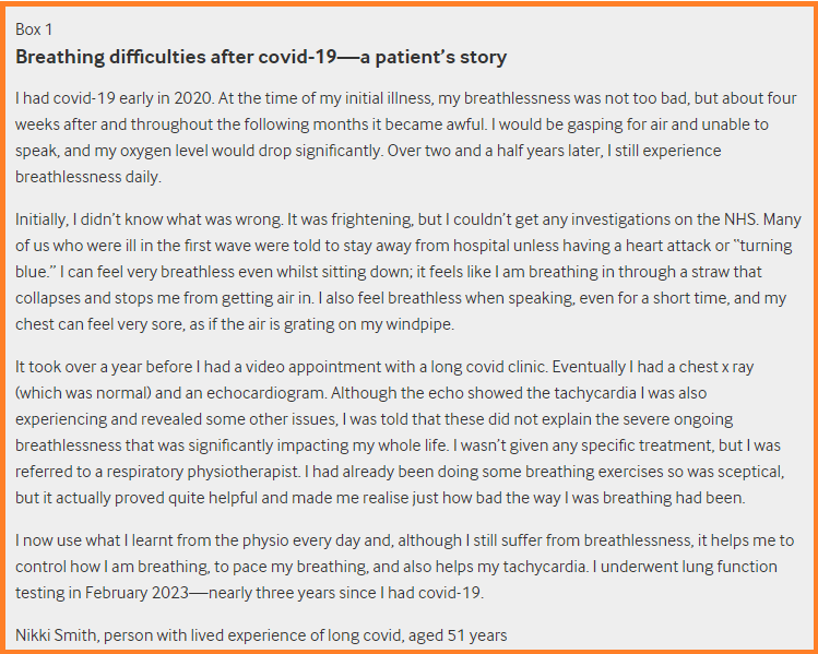 HarrySpoelstra's tweet photo. Breathing difficulties after #Covid19: a guide for primary care with important Q/A's
This overview may not be optimal, but is a good attempt to help many, sadly enough a lot will be your own work! !#LongCovid #Patienttestimony
1. Do my breathing difficulties indicate a serious or life threatening problem?
2. Why do I feel anxious?
3. What tests should I have?
4. What if the tests don’t show anything?
5. What can I do for myself?
6. Do I need to see a specialist?
7. Will breathing exercises help?
8. Will I get better—and what if I don’t?
https://t.co/fTCSDuBDNs