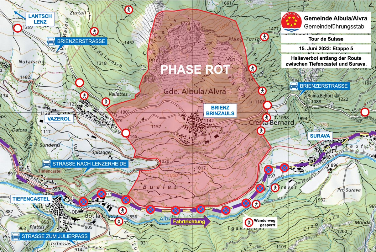 AlbulaAlvra's tweet photo. #InfoGFS: Die Tour de Suisse @TdS fährt heute Nachmittag von Thusis kommend Richtung #Albulapass durch unser Gebiet. Zwischen Tiefencastel und Surava besteht ein #Halteverbot. Dieses muss unbedingt eingehalten werden. #Sicherheit #BrienzerRutsch https://t.co/p2yrgQWJ0h
