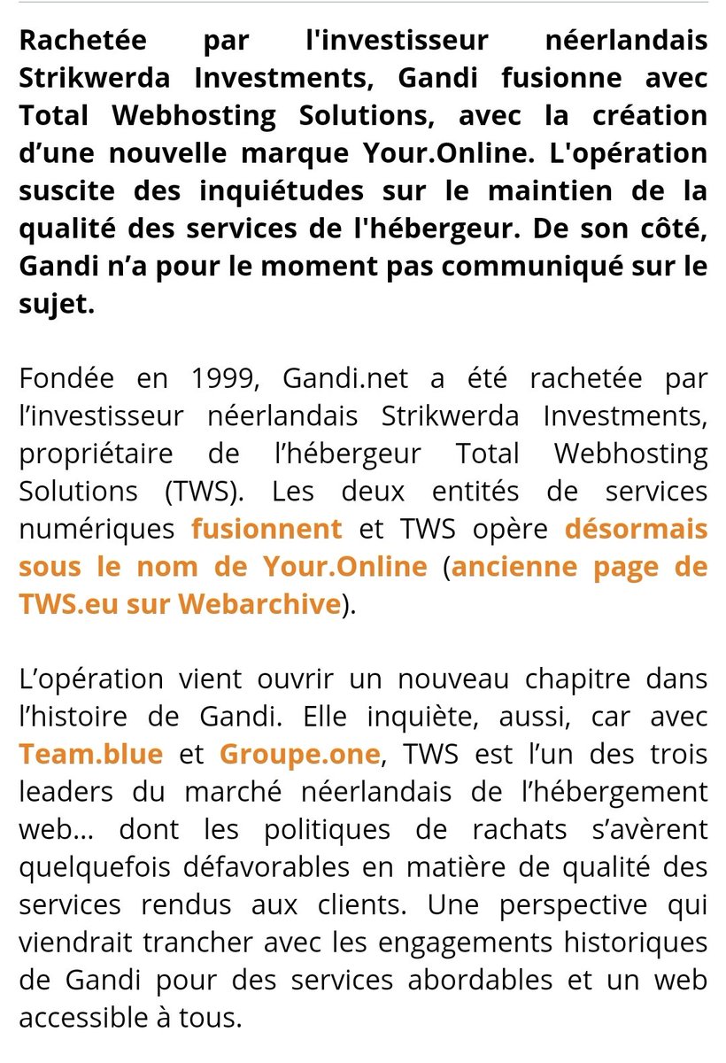p4bl0's tweet photo. « TWS est l’un des trois leaders du marché néerlandais de l’hébergement web… dont les politiques de rachats s’avèrent quelquefois défavorables en matière de qualité des services rendus aux clients. »
Effectivement… #Gandi #GandiMail
https://t.co/kvSvhMxbtg https://t.co/XsMpaDtSwr