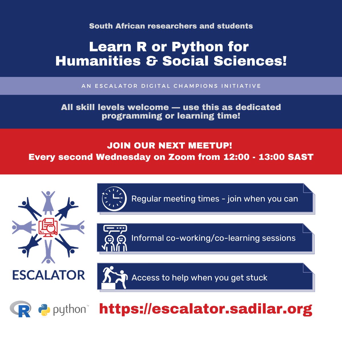 Join us on tomorrow between 12:00 and 13:00 for another opportunity to dedicate time to programming.

This is a friendly virtual environment where you can learn at your own pace.

Register here: forms.gle/i1RVcSNBof2jTa… 

<a href="/SADiLaR_ZA/">SADiLaR</a>