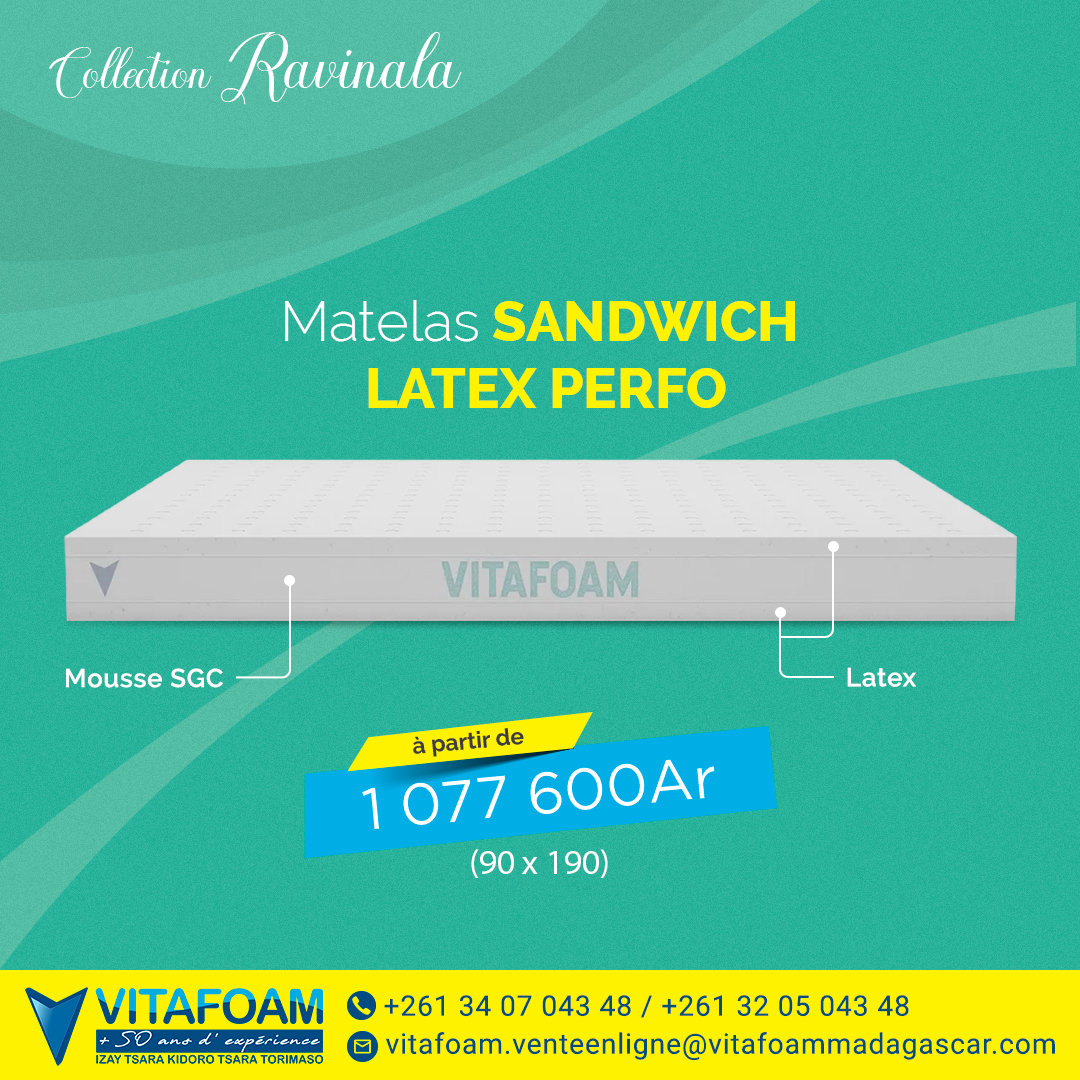 VitafoamM's tweet photo. Le matelas Sandwich Latex Perfo de la collection Ravinala vous assure confort et souplesse grâce à sa composition en mousse, combinée au latex.

Matelas 90 x 190 cm à partir de 1 077 600 ariary.

#mousselatex #matelas #hôtel https://t.co/TXItgm3aif