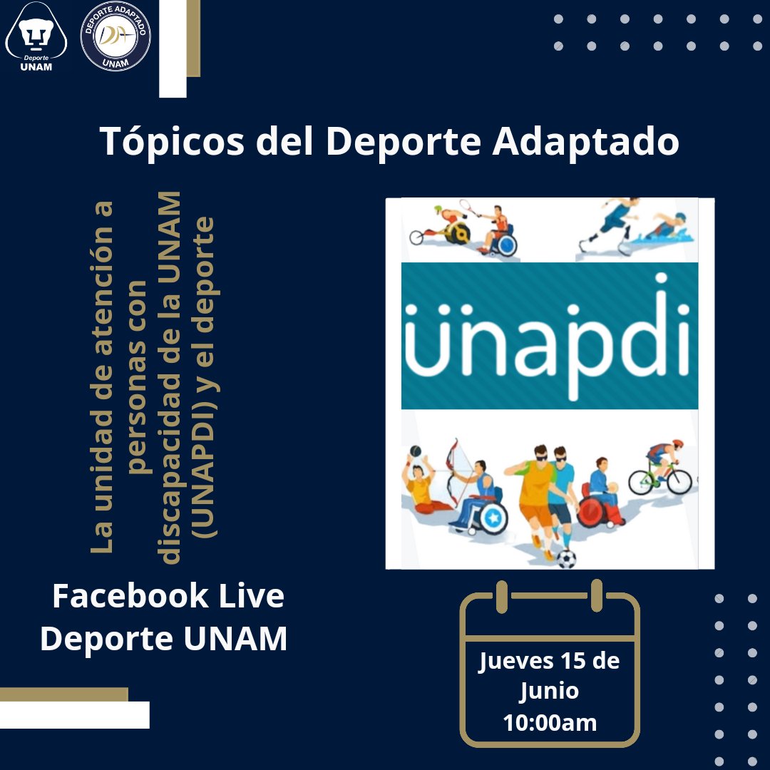 DAdaptadoUNAM's tweet photo. ⚠️👩🏻‍🦯👨🏻‍🦽 Tópicos del Deporte presenta: "La unidad de atención a personas con discapacidad de la UNAM (UNAPDI) y el deporte" 👩🏻‍🦽👩🏻‍🦯👨🏻‍🦽🏀⚽️🎯

📆  Jueves 15 de Junio 2023
⏰ 10:00 horas 
      
👉 Facebook Live de Deporte UNAM @deporteunam 

#UNAM #DeporteAdaptado #DeporteAdaptadoUNAM https://t.co/ehuVvII2W8