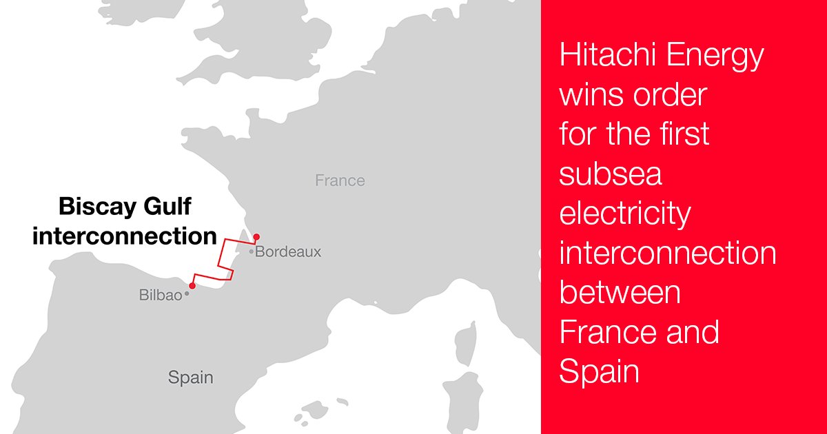 hitachienergy's tweet photo. 📢We just won an order for the first subsea interconnection between 🇫🇷 and 🇪🇸 to ensure power transfer across the #BiscayGulf, improving the region’s and #Europe’s security, safety, and quality of electricity. 🌍⚡🙌🏻🇪🇺 

➡ https://t.co/LeFCiGopfJ https://t.co/08tHDLGS7O