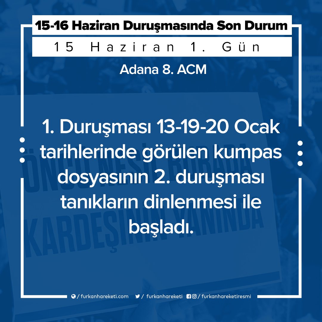 15-16 HAZİRAN DURUŞMASINDA SON DURUM!   1. Duruşması 13-19-20 Ocak tarihlerinde görülen kumpas dosyasının 2. Duruşması tanıkların dinlenmesi ile başladı.   #AdanaAdliyesi  AlparslanHocaya Özgürlük