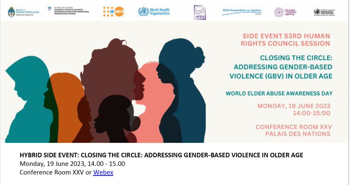 World Elder Abuse Awareness Day. Join us  Monday 19 June <a href="/UN_HRC/">UN Human Rights Council</a> side event on Gender Based violence in older age. +4:00 Room XXV PdN or through Webex: ungeneva-vc.webex.com/ungeneva-vc/j.… <a href="/SLOtoUNGeneva/">Slovenia to UN Geneva</a> <a href="/ArgentinaONUOMC/">Argentina ante Org. Int. en Ginebra</a> <a href="/INPEAElderAbuse/">INPEA</a> <a href="/ILCglobal/">ILC Global Alliance</a> @IE_OlderPerson <a href="/UNHumanRights/">UN Human Rights</a> <a href="/WHO/">World Health Organization (WHO)</a> <a href="/UNITAR/">UNITAR</a>