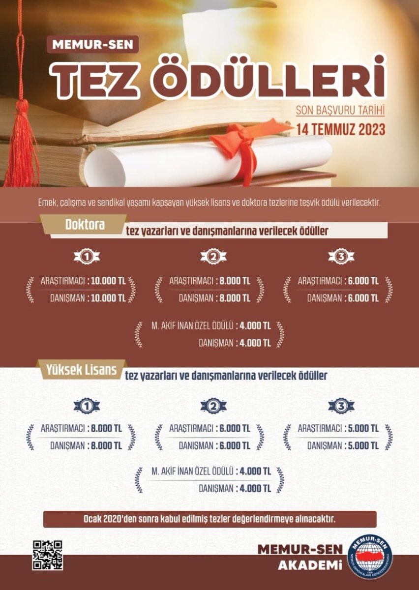 _aliyalcin_'s tweet photo. Bu yıl üçüncüsünü düzenlediğimiz Memur-Sen Tez Ödülleri yarışmasına başvurular devam ediyor. 

Son başvuru tarihi 14 Temmuz 2023

Başvuru şartları ve detaylı bilgi için sayfamızı ziyaret edebilirsiniz.
https://t.co/XkZiWN6ivd

Sorularınız için: akademi@memursen.org.tr https://t.co/ARNhpMJCya