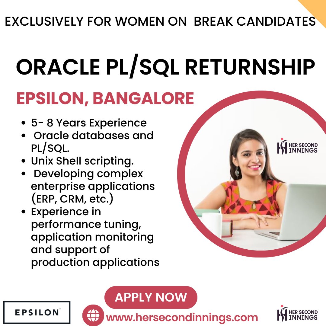 her2nd_innings's tweet image. Oracle PL/SQL Returnship - Women on a Career Break!
Client: Epsilon
Location: Bangalore
Experience : 5-9 years
Apply Now: bit.ly/467xfb2
#career #plsql #plsqldeveloper #womenonbrek #epsilon #hersecondinnings