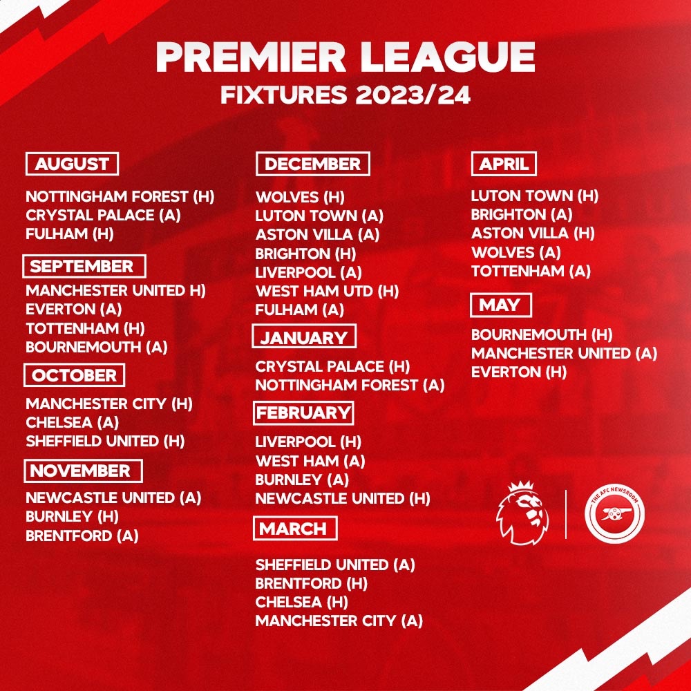 Arsenal's 2023/24 Premier League fixtures, schedule and dates (Full List)