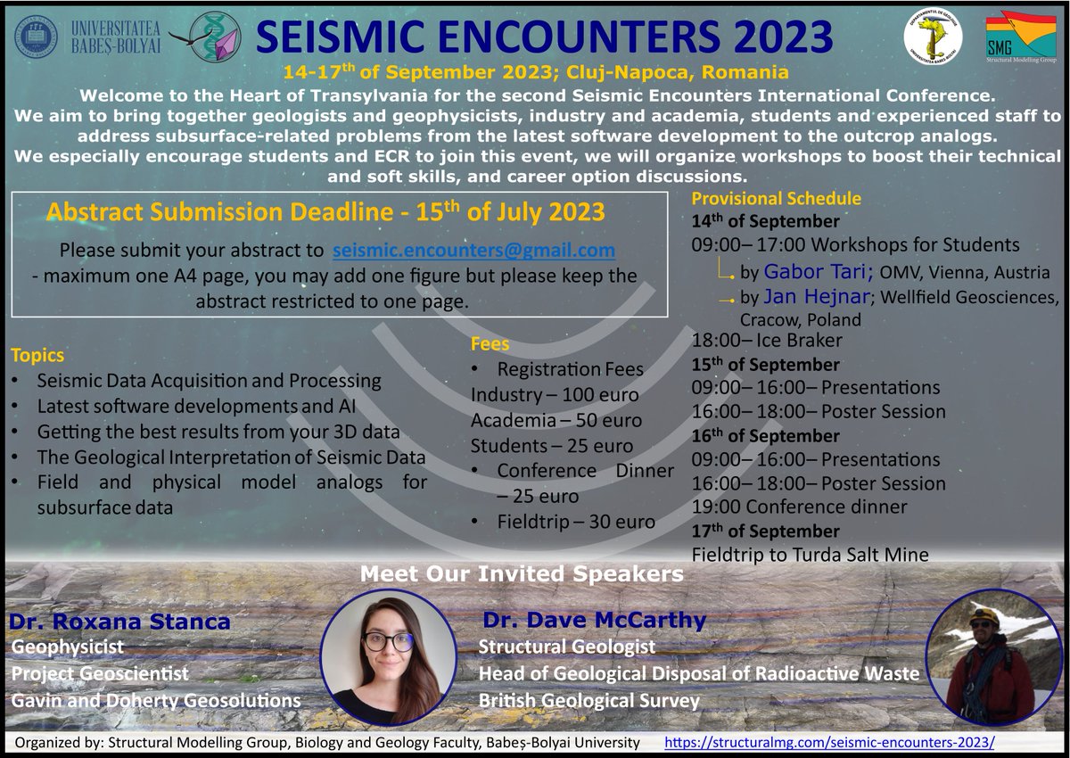 Alexandra Tamas (@alextamas_at) on Twitter photo <a href="/StructuralMG/">Structural Modelling Group</a> 🚨Here goes the 2nd circular!🚨 Abstract deadline extended to 15th of July!
We are looking forward to welcoming you to #Cluj-Napoca. Please help us share this event!🙏
#SeismicEncounters23 #seismicinterpretation #geosciences
structuralmg.com/seismic-encoun…
<a href="/TectonicsDave/">Dr. Dave McCarthy</a> @RocksStanca <a href="/StructuralMG/">Structural Modelling Group</a> 🚨Here goes the 2nd circular!🚨 Abstract deadline extended to 15th of July!
We are looking forward to welcoming you to #Cluj-Napoca. Please help us share this event!🙏
#SeismicEncounters23 #seismicinterpretation #geosciences
structuralmg.com/seismic-encoun…
<a href="/TectonicsDave/">Dr. Dave McCarthy</a> @RocksStanca