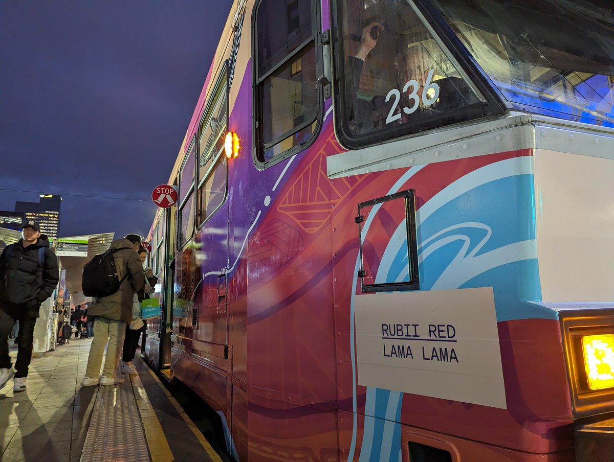 trianabutler's tweet photo. I made it onto @lifeofrubii's tram, and the tram driver is STOKED to have her work on the tram! 💙 @risingmelbourne 
#WelcomeToTheTramily https://t.co/bLaCYQ53am