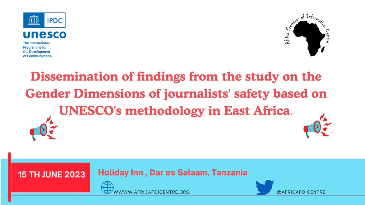 ScienceAfrica5's tweet photo. 📢Join Africa Freedom of Information Centre @africafoicentre now as they disseminate findings from the study on gender dimensions of #journalists 'safety in Dar-es-Salaam. 
📌To Join the live stream, click here⤵️
➡️🔗https://t.co/DCcJOk4pOn

CC 
 @IDRC_CRDI
@UnescoEast 
@SmcAfri https://t.co/XT9KqqGhG7