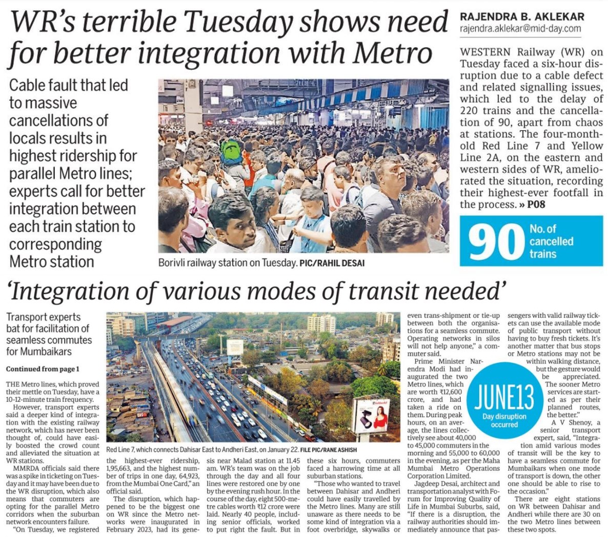 With highest footfall on Western Railway disruption day, Mumbai’s new Metro lines prove themselves! 

The new four-month-old Mumbai Metro rail corridors of Red Line 7 and Yellow Line 2A that operate parallel trains on either side of the WR in east and in west at a frequency of…