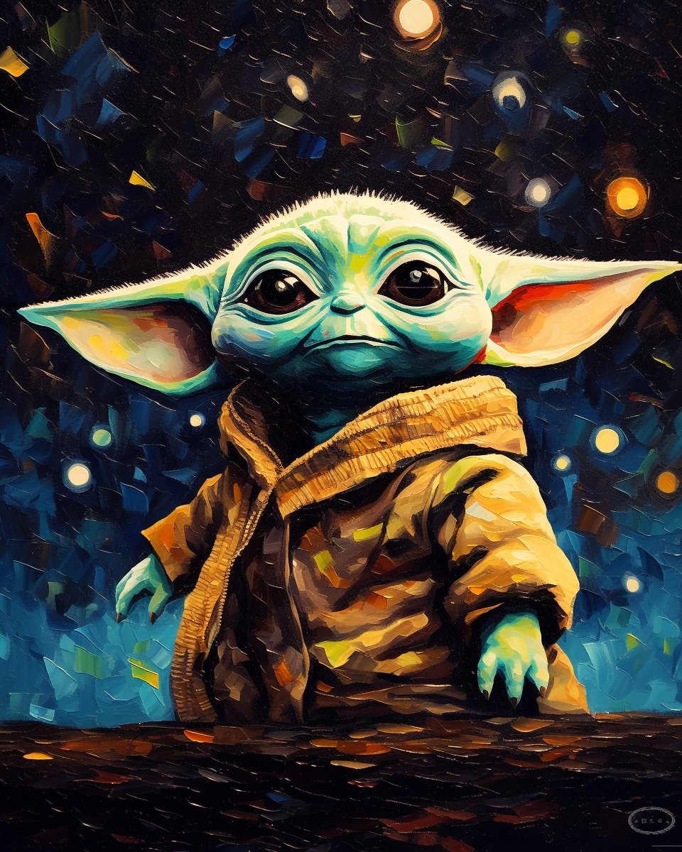 janiklipke's tweet photo. @icreatelife In the style of Monet's vibrant starry night brushwork, we see cute 'Baby Yoda' from the TV show 'The Mandalorian', under a constellation-sprinkled night sky --v 5.1 --ar 4:5 https://t.co/2F812QhuPV