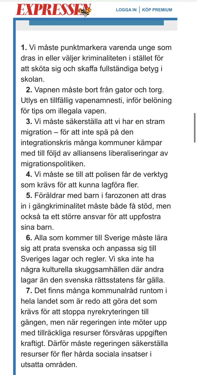 ”Punktmarkera varenda unge. Stram migration. Föräldrar måste ta större ansvar för uppfostran och måste anpassa sig till Sveriges lagar och regler.”
Var tvungen att nypa mig i armen. Det här är alltså inte skrivet av Tidölaget.