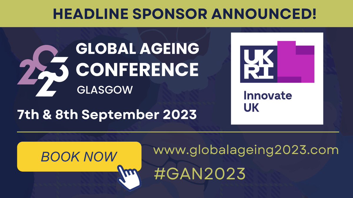 We are thrilled to announce
<a href="/UKRI_News/">UK Research and Innovation</a> as the Headline Sponsor for the 2023 Global Ageing Conference in Glasgow!  

UKRI’s Healthy Ageing Challenge will showcase research and innovative solutions to improve care for older people.  

Learn more: globalageing2023.com/ukri-announced… 

#GAN2023