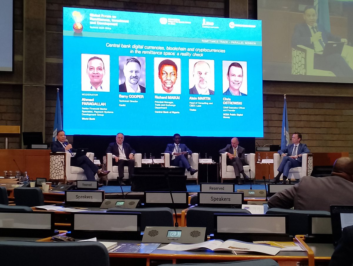 Part of the panel discussion was on #CBDC, Blockchain and cryptocurrency in remittance space by:
◾Ahmed Faragallah <a href="/WorldBank/">World Bank</a> 
◾Barry Cooper <a href="/cenfri_org/">Cenfri</a> 
◾Richard Makai <a href="/cenbank/">Central Bank of Nigeria</a>
◾Alain Martin <a href="/thalesgroup/">Thales Group</a>
◾Chris Ostrowski <a href="/SODApublicmoney/">SODA - Public Digital Money</a>