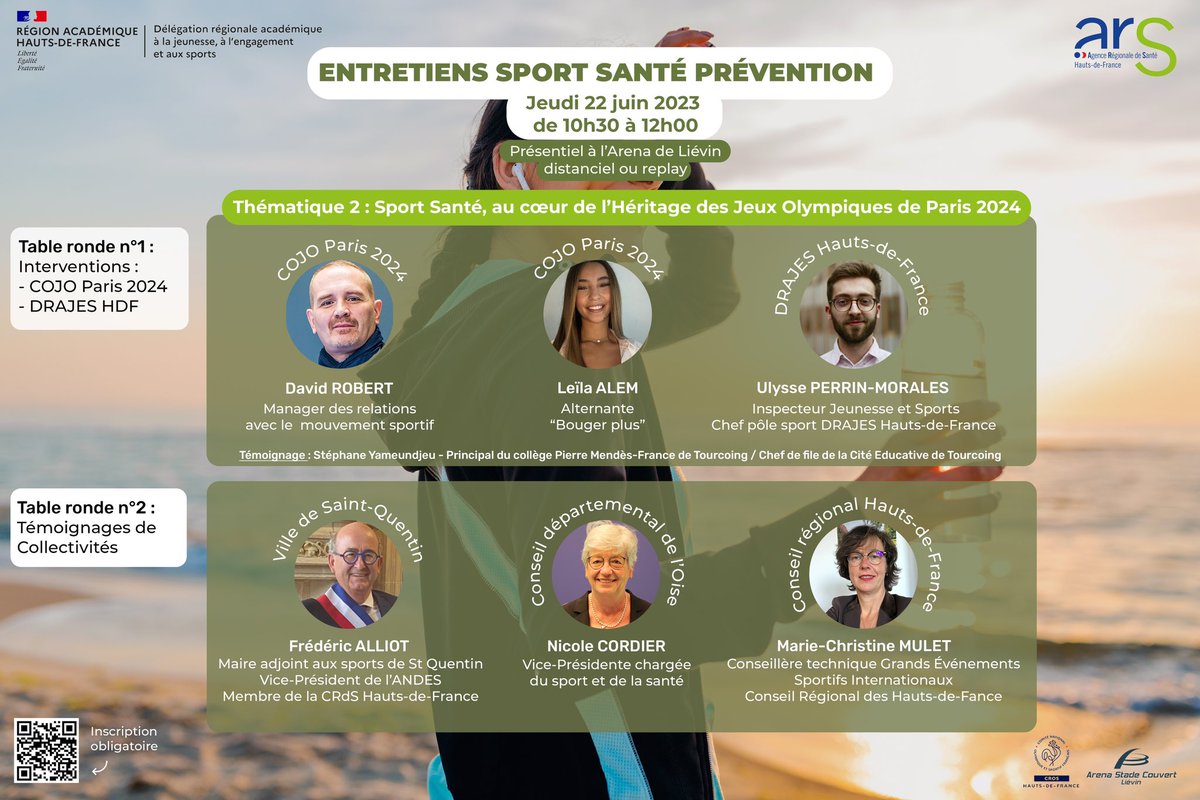 🚨🔔📆J-7 SPORT SANTÉ🏃🏿‍♀️🏃🏻‍♂️🌈
À l’initiative de la DRAJES <a href="/hautsdefrance/">Région Hauts-de-France</a> + <a href="/ARS_HDF/">ARS Hauts-de-France</a>, 2ème Entretien Sport Santé Prévention jeudi 22 juin à l’<a href="/ArenaLievin/">Arena Stade Couvert-Liévin</a>, distanciel ou replay.🙌🤩 Inscription gratuite + replay ▶️ sportsantehdf.fr Déjà 300 inscrits et vous ?👊😍<a href="/CROSHDF/">CROS Hauts-de-France</a>