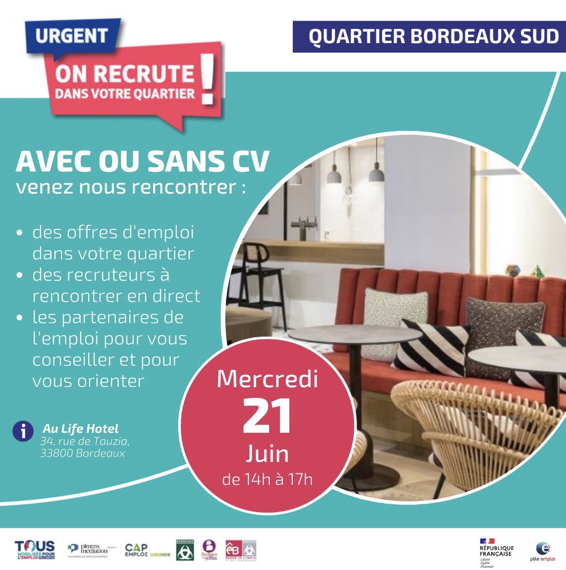 Nmoreau44's tweet photo. [AGENDA EMPLOI] "On recrute dans votre quartier" en collaboration avec la @MDEEBORDEAUX, mercredi 21 Juin 2023 de 14h à 17h au Life Hôtel avec l'agence @poleemploi_NA #Bordeaux Saint-Jean ℹ️ https://t.co/XLQOzy0DwW #emploi #recrutement #AvecPoleEmploi https://t.co/XnxWOCO5Ec