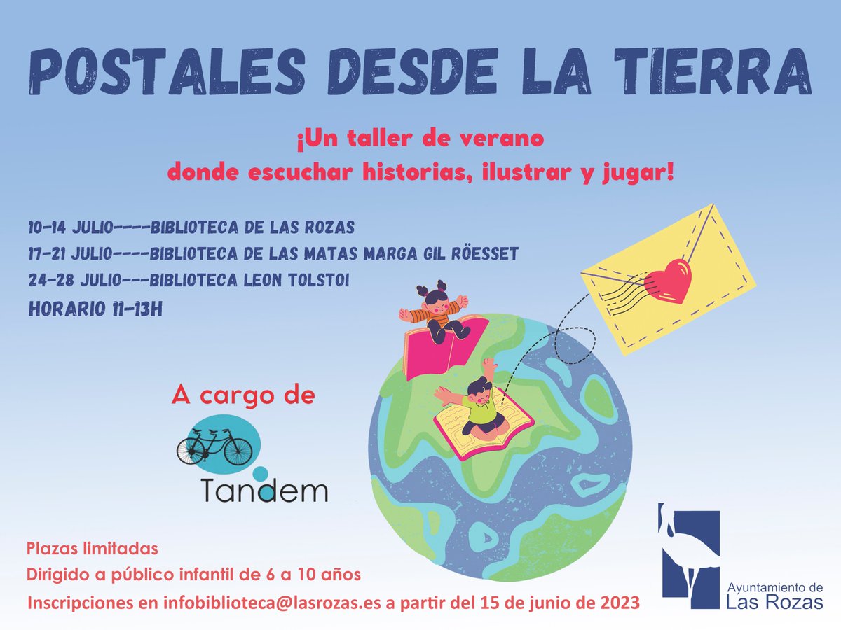 Abierto plazo de inscripción Talleres de verano #BibliotecasDeLasRozas
Postales desde la tierra. Un taller donde escuchar historias, ilustrar y jugar
Dirigido a público infantil de 6 a 10 años en horario de 11 a 13h
Solicita plaza en infobiblioteca@lasrozas.es
Más información👇