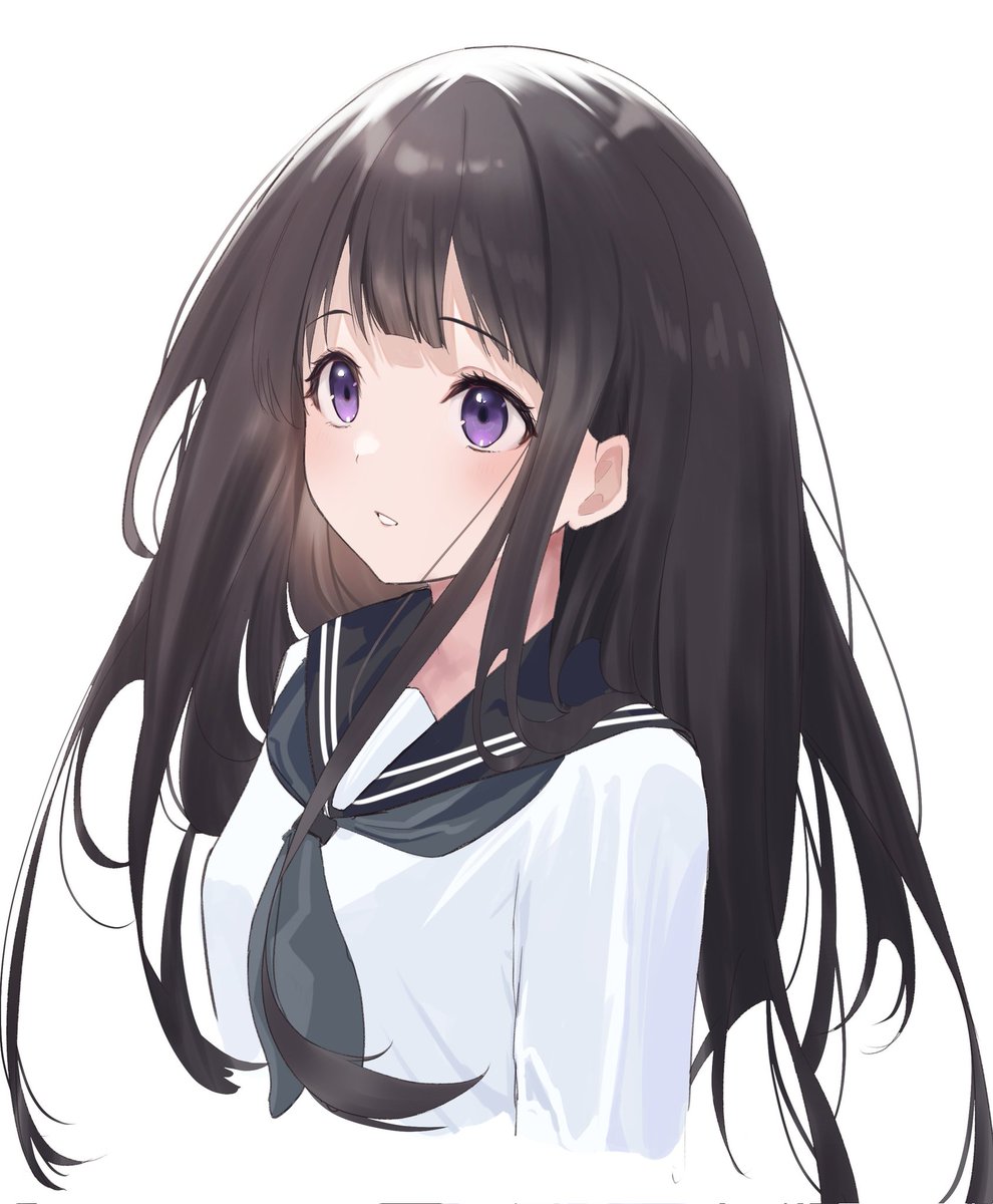 chitanda eru 1girl solo long hair purple eyes white background kamiyama high school uniform (hyouka) school uniform  illustration images