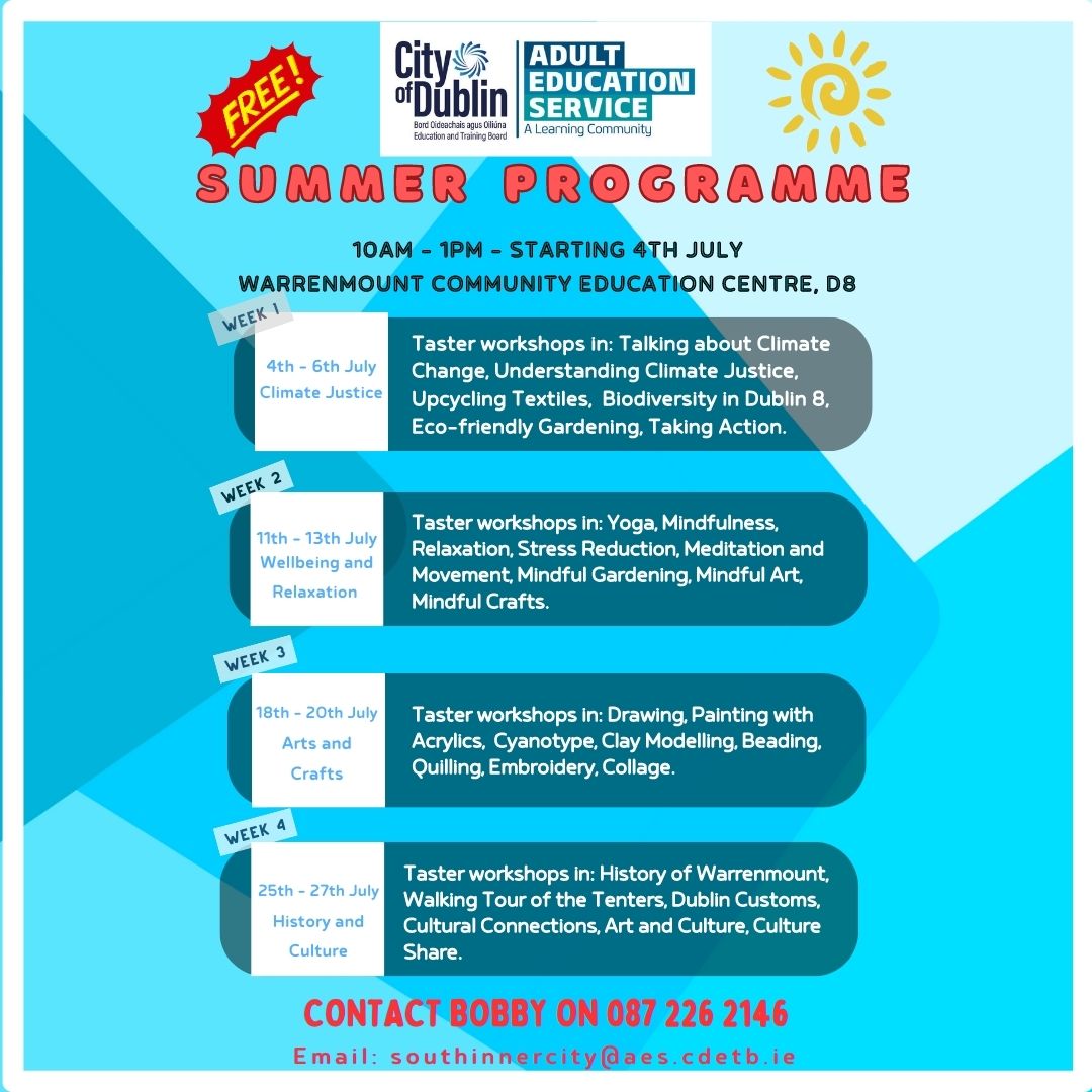 Join us @Warrenmountcentre this July for our Summer programme of Adult Education workshops
We cannot wait to welcome you! 

#CommunityEducation #lifelonglearning #AdultEducation #ClimateJustice #Wellbeing #Mindfulness #LocalHistory  #bekindtoyourmind

@CityofDublinETB
@ThisisFet