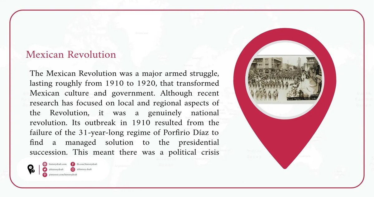 The #Mexican #Revolution was a major armed struggle, lasting roughly from 1910 to 1920, that transformed Mexican #culture and #government.
Discover the full story...
historydraft.com/story/mexican-…