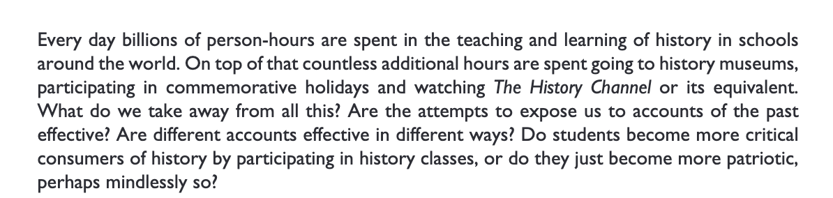From Wertsch's introduction 2 a special edition of the London Review of Education on national narrative in history ed edited by <a href="/ArthurJChapman/">Arthur Chapman @arthurjchapman.bksy.social</a> &amp; <a href="/JocLetourneau/">Jocelyn Létourneau</a>: uclpress.scienceopen.com/journal-issue?…. 9 open access articles by <a href="/s_lvesque/">Stéphane Lévesque</a> <a href="/LizDuraisingh/">Liz Dawes Duraisingh</a>, Maria Grever, <a href="/MartinStolare/">Martin Stolare</a>, &amp; others.