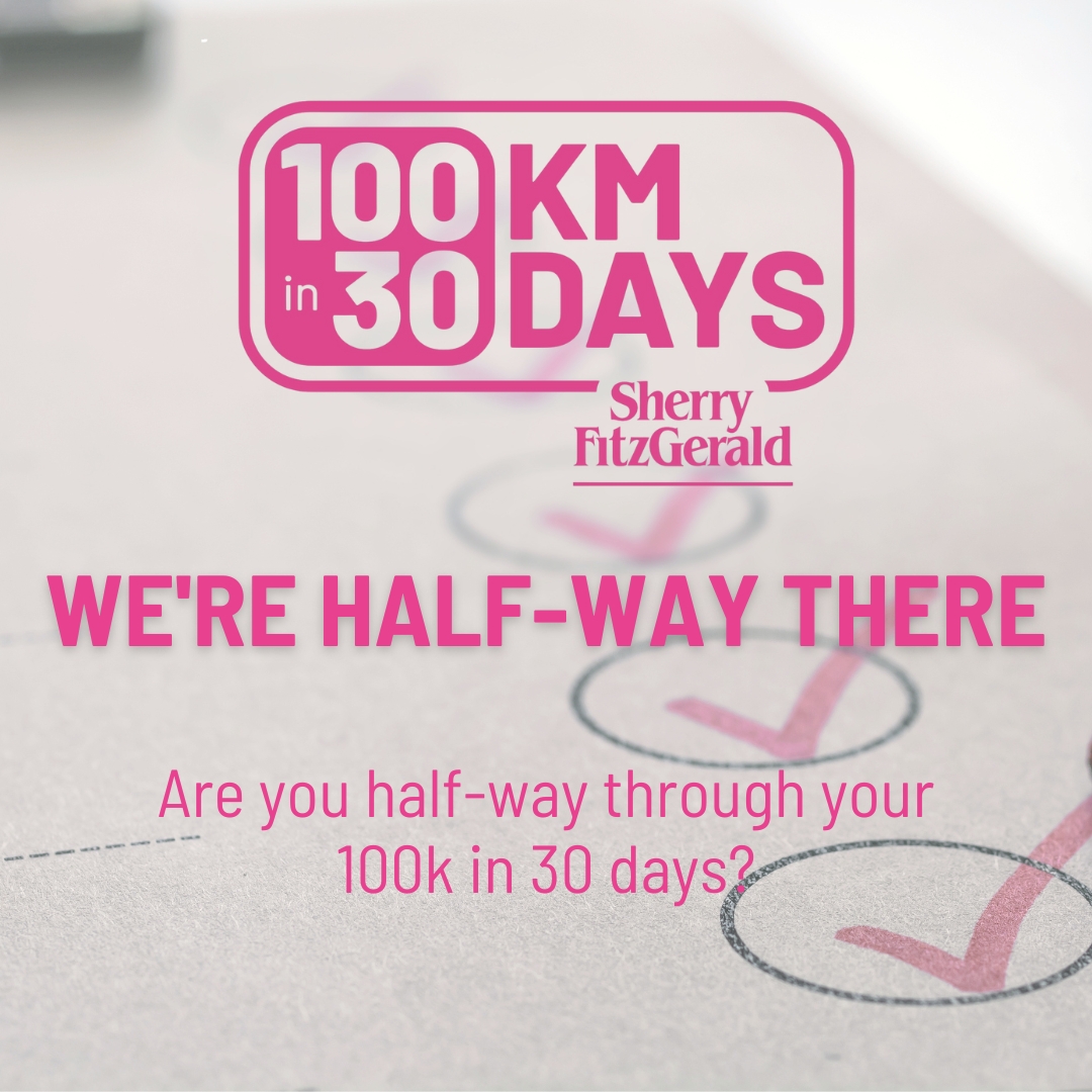 HALF-WAY THERE 💗
 
Are you getting close to your target? ⏰
 
The event is open to all! You can walk, run or wheel the 100km, all in aid of @MarieKeating 

Register today at 100kin30days.ie – it’s not too late 👟
 
@100kin30days 

#sherryfitz #100kin30days #pinkarmy