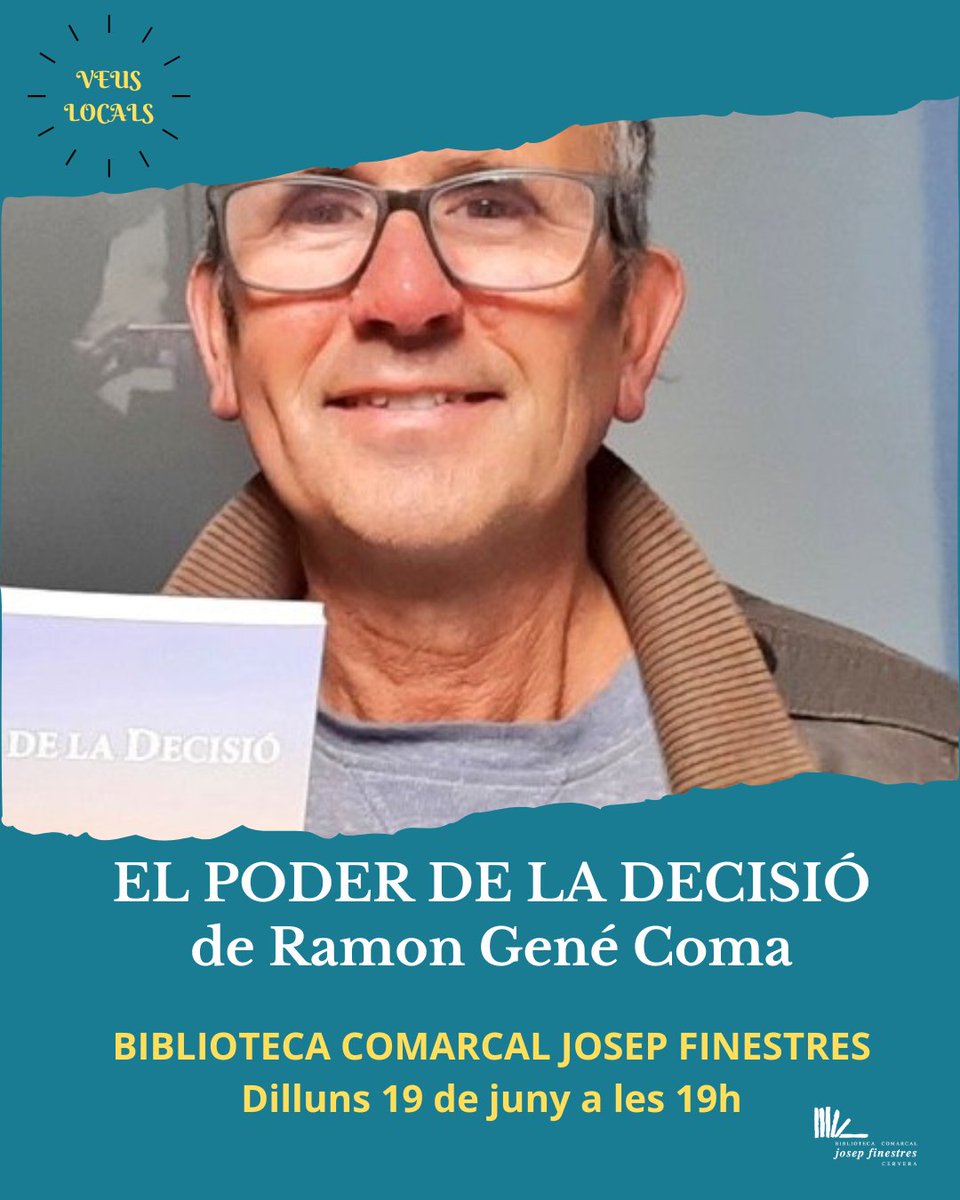 VEUS LOCALS, el proper dilluns 19 de juny, en
<a href="/RamonGeneComa/">Ramon Gené Coma</a> ens presentarà el seu llibre autobiogràfic "El poder de la decisió". Us hi esperem! <a href="/paeriacervera/">Paeria de Cervera</a> <a href="/ccsegarra/">Consell Comarcal de la Segarra</a> @somsegarra <a href="/MemoriasEd/">Memorias Ediciones</a> #autorslocals