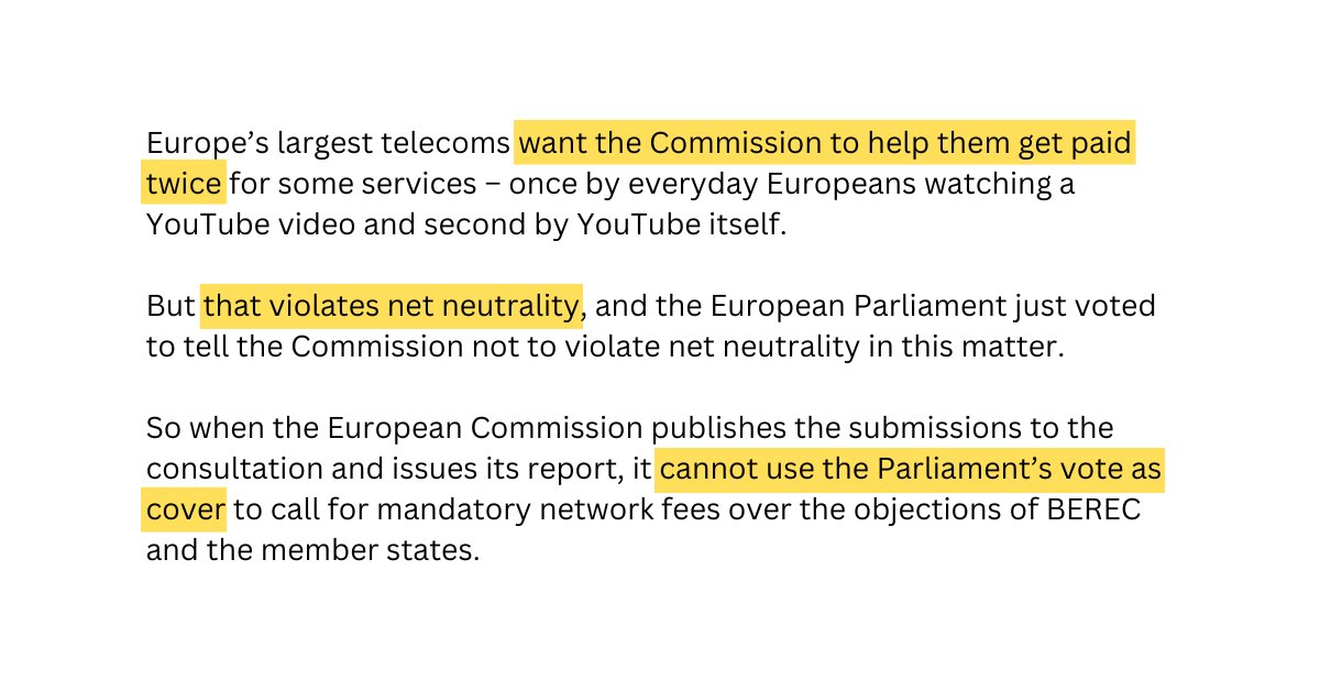 On Tuesday, the European Parliament voted to reject a proposal by Europe's largest telecoms to force websites to pay them. 
Press reports suggesting otherwise are wrong. 
Here's what happened (Thread)⬇️
cyberlaw.stanford.edu/blog/2023/06/w…
#netneutrality #networkfees