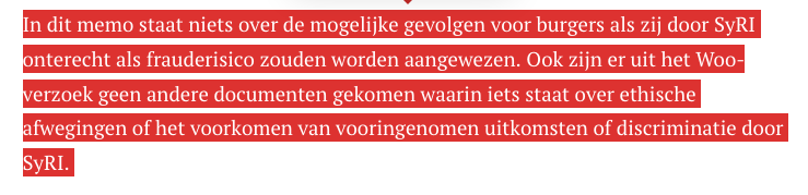 Dit vind ik schokkend: overheid heeft geen enkele ethische afweging gemaakt bij het ontwerp van SyrRI, het illegale fraudeopsporingssysteem. Althans, die kon <a href="/FTM_nl/">Follow the Money</a> niet vinden in opgevraagde documenten.    
ftm.nl/artikelen/onde…