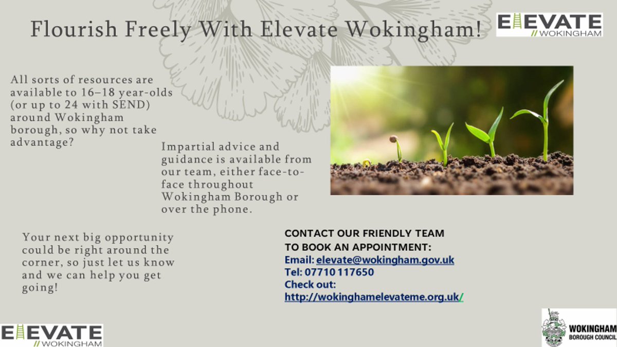 ElevateHub's tweet photo. With Elevate, you can flourish in your search for a job or training opportunity! We offer free and detailed support to any young person in Wokingham for free, so just get in touch! https://t.co/iy7uvoXQYA