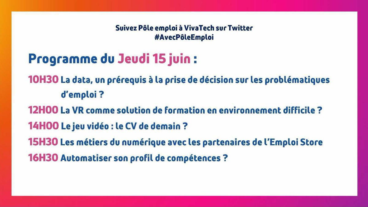 #VivaTech, c’est parti pour le Jour-2 ! 💫  

#Data, réalité virtuelle, CV 2.0, #formation aux métiers du #numérique avec l’#EmploiStore… Restez connecté sur le compte @pole_emploi pour ne rien manquer 🔄  

Retrouvez notre programme du jour #VivaTech2023 #AvecPôleEmploi 👇