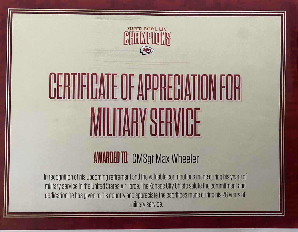 FireChiefMax's tweet image. I didn’t get @tkelce to show at my retirement but the Chiefs organization did send me a cert of appreciation.  #AirForce #KCChiefs #retirement
