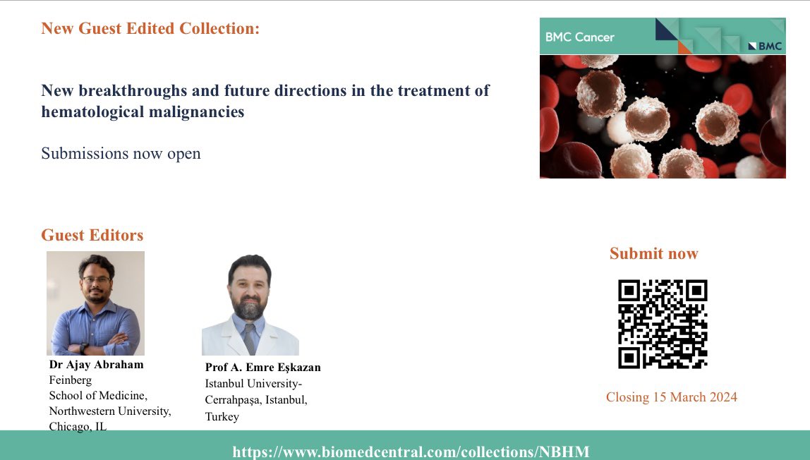 eskazanae's tweet photo. 📢 I and @ajayabrams are guest editing a collection on 'New breakthroughs and future directions in the treatment of hematological malignancies' to be published in #BMCCancer @BMC_series

we welcome your valuable submissions! 🤓

👉 https://t.co/uCwmN34kt8 https://t.co/fnK5vd81E2