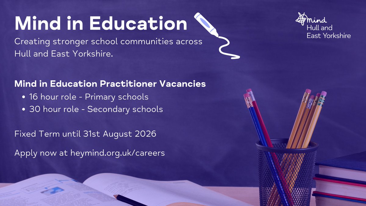 MindHEY's tweet photo. CLOSING THIS WEEKEND💙 

As part of our innovative Mind in Education programme, we're looking for individuals to join our team.

Using your experience, you will help us to create stronger school communities across Hull and East Yorkshire. 

Visit https://t.co/vCBjYUidqe https://t.co/RiKmunHTEC
