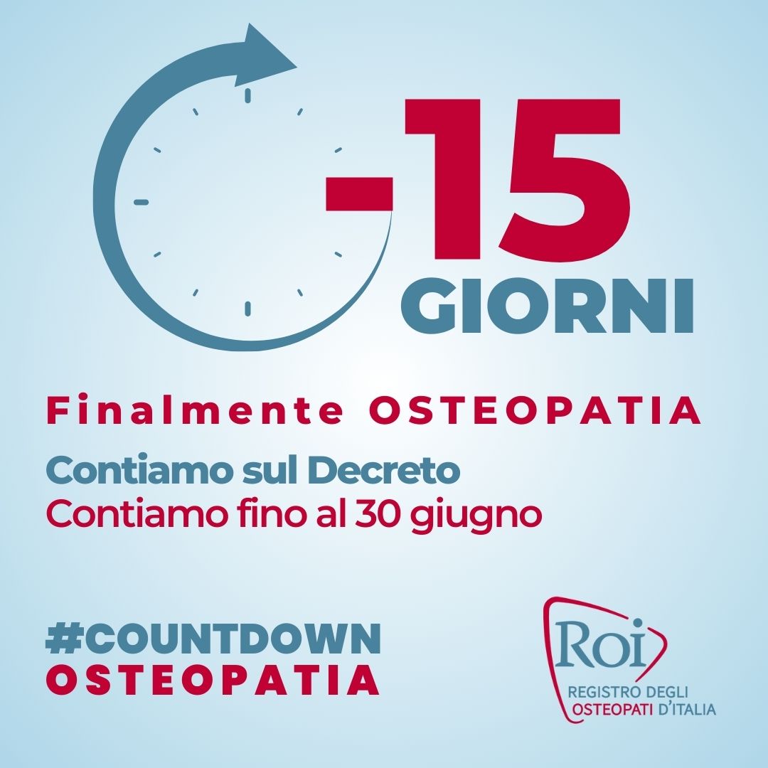 - 15 giorni #COUNTDOWNOSTEOPATIA 
Contiamo sul Decreto. Contiamo fino al 30 giugno per dire insieme "Finalmente OSTEOPATIA".

<a href="/mur_gov_/">Ministero dell'Università e della Ricerca</a>
<a href="/BerniniAM/">Anna Maria Bernini 🇮🇹</a>
<a href="/MinisteroSalute/">Ministero della Salute</a>
<a href="/marcellogemmato/">Marcello Gemmato 🇮🇹</a>

#osteopatia #osteopati #osteopatiaprofessionesanitaria