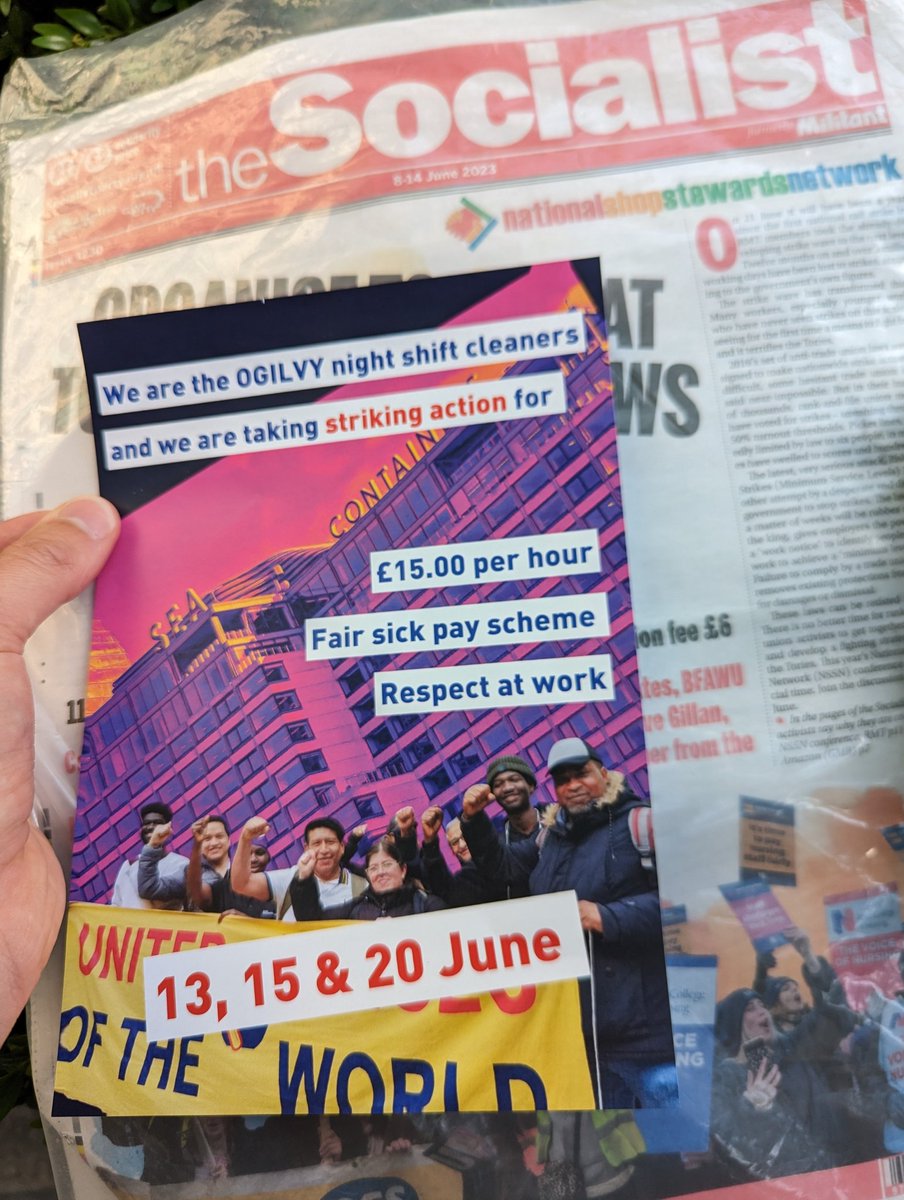 Striking cleaners organised by <a href="/UVWunion/">United Voices of the World</a> picketing Ogilvy this morning, supported by London <a href="/Socialist_party/">Socialist Party</a>. They're demanding £15/hour and full sick pay. Bosses have refused to meet the union, so these vital night shift workers have downed tools. Victory to the cleaners strike!