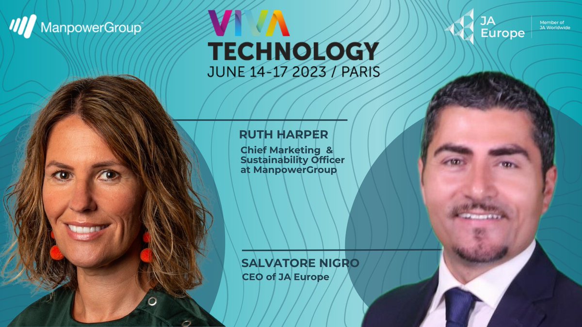 Join us at #VivaTech! @salvatorenigro, CEO of JA Europe, and @RooBristol, Chief Marketing & Sustainability Officer of ManpowerGroup, will be joining with their session, 'How to build the next generation of digital talent' today at 13.10. More:app.vivatechnology.com/session/52aae4… #Gen_E