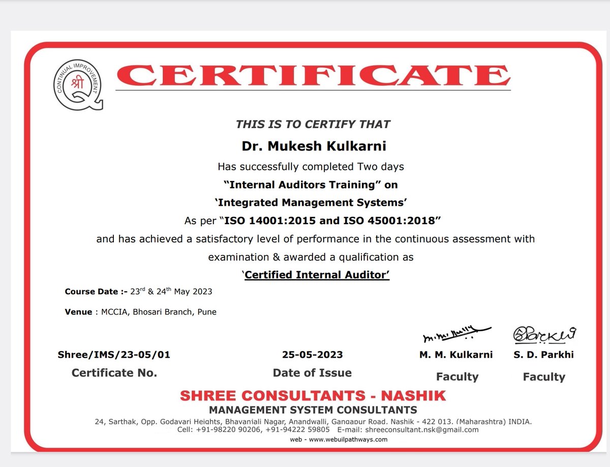 Successfully completed #internalauditors training on Integrated Management Systems as per #iso450012018 #iso140012015.

#iso #internalaudit #internalauditor #ehscommunity #ehs #isostandards #isocertified #integratedmanagementsystem #certifiedauditor #auditor #certification